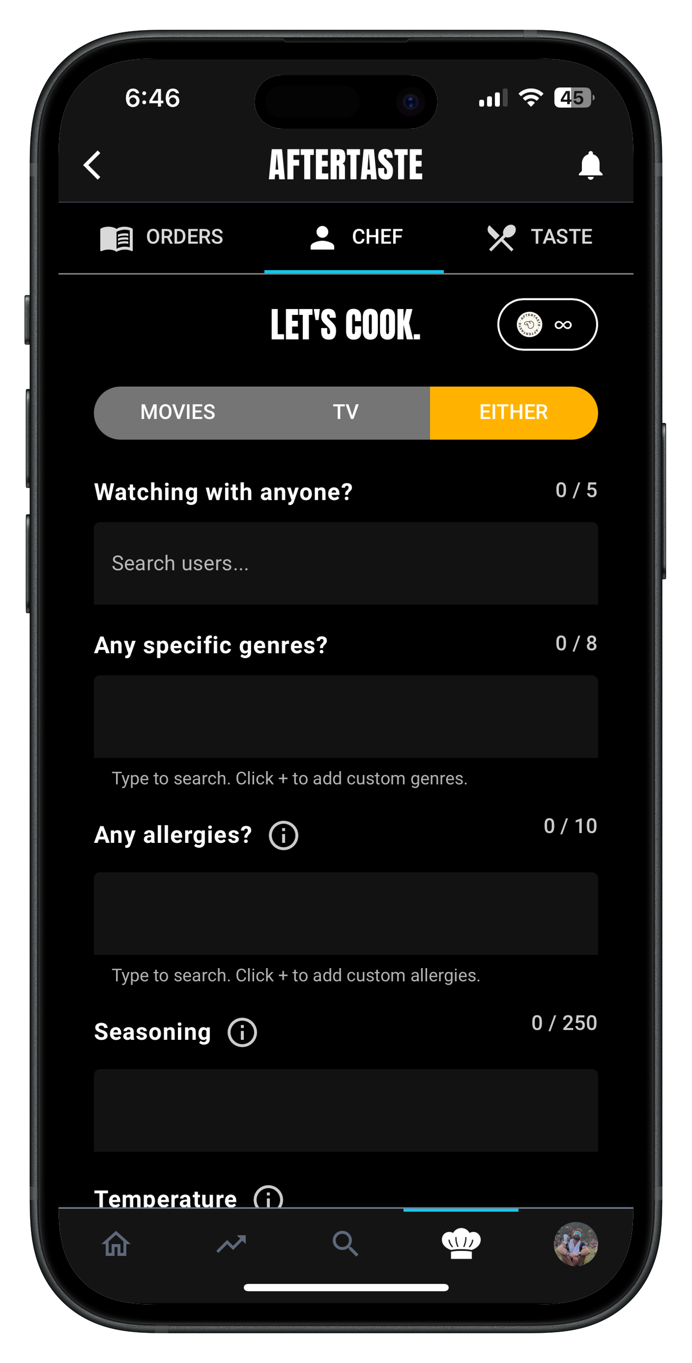 Chef AI recommendation system home screen