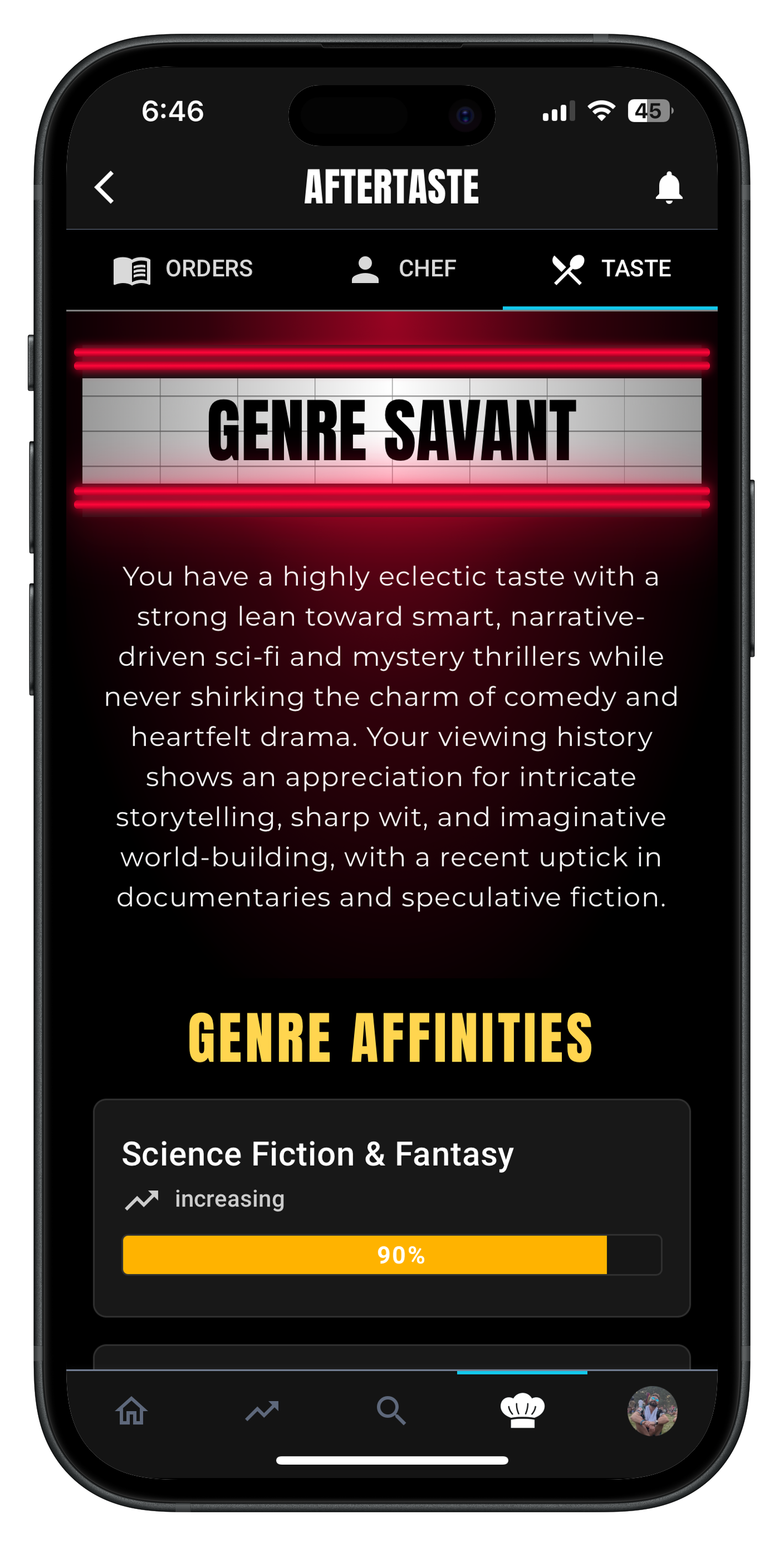 Chef taste profile showing viewing preferences and genre affinities