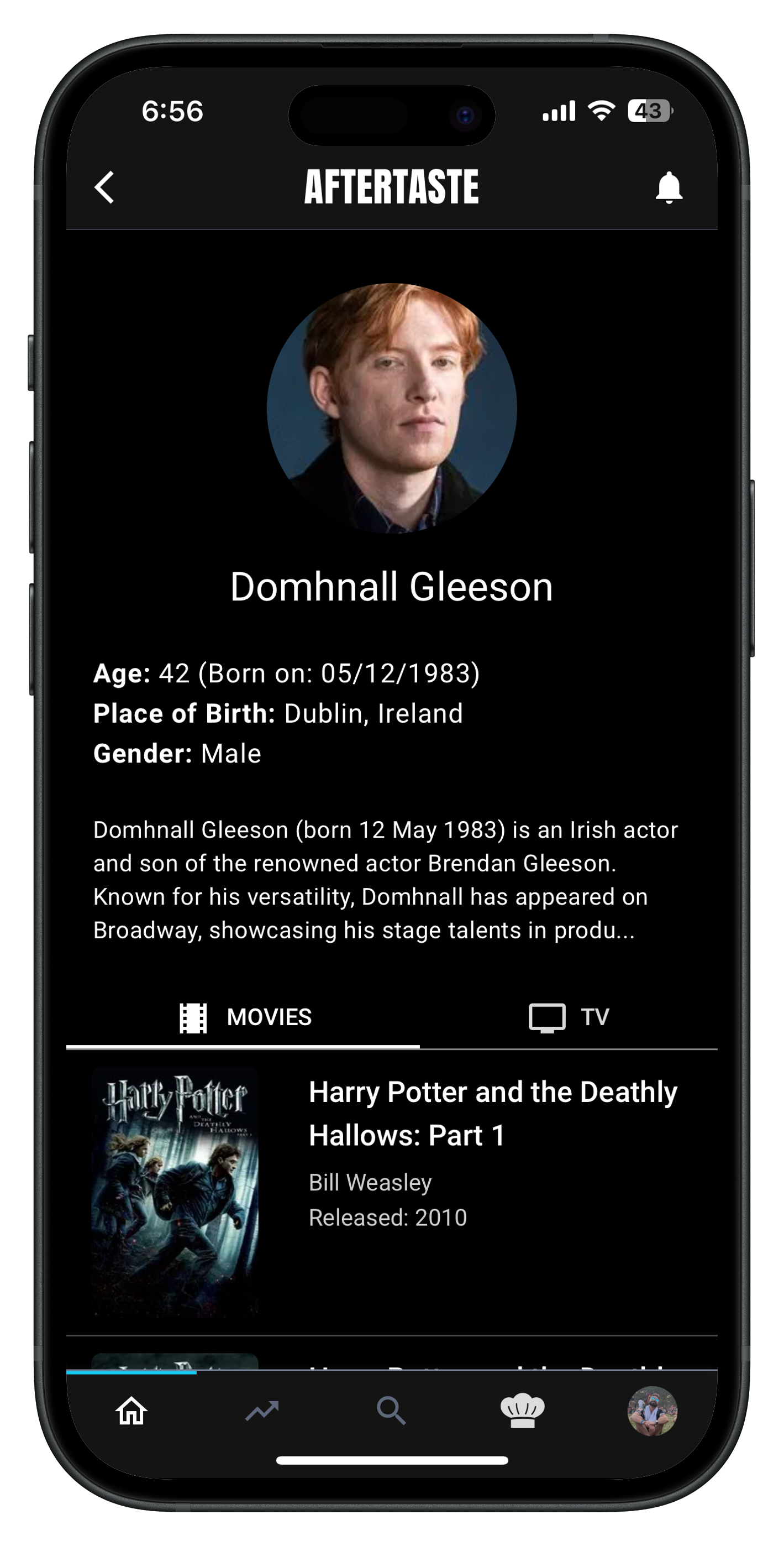 Actor profile page showing filmography and biography
