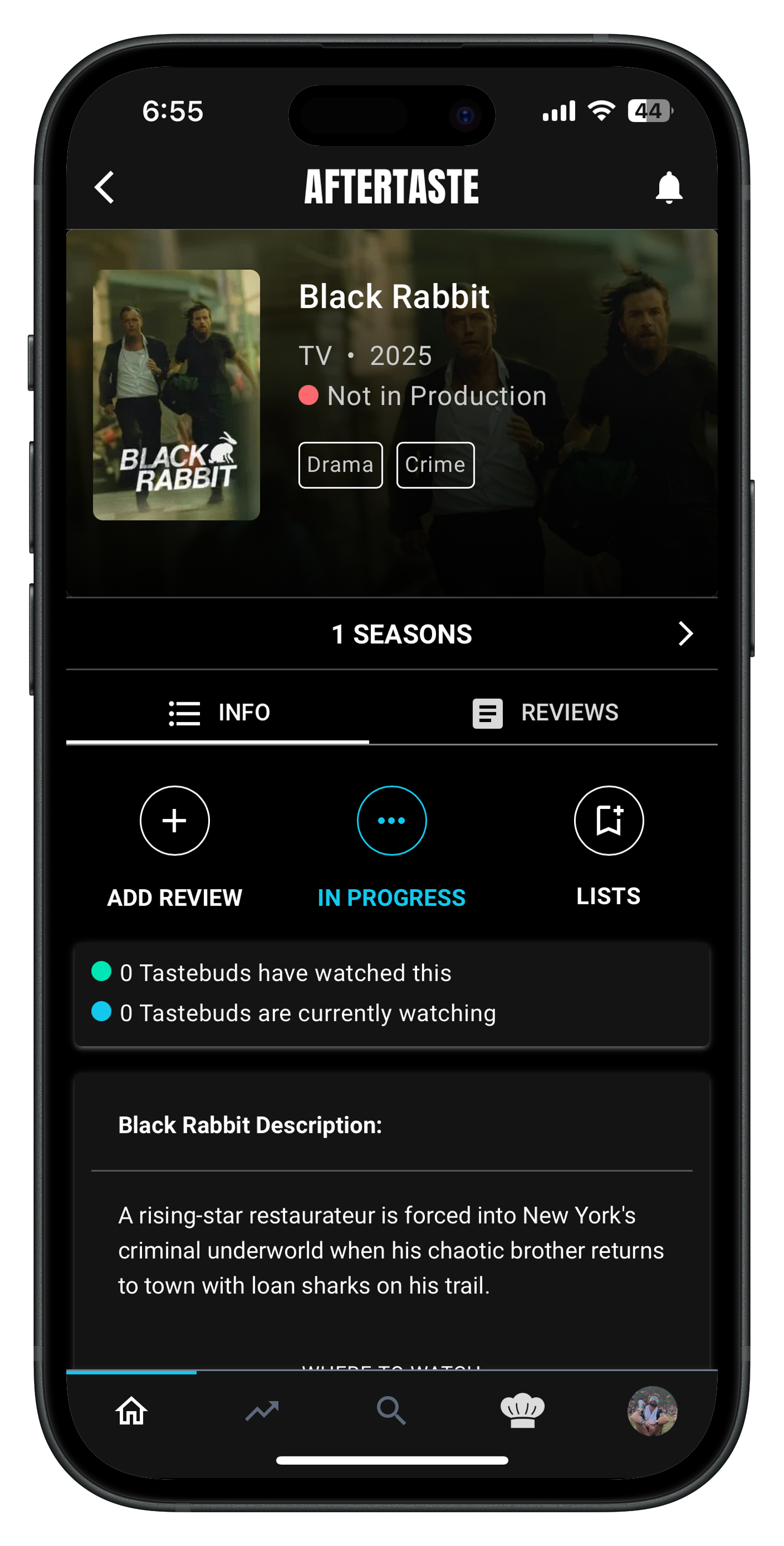 Detailed movie information screen with cast, streaming options, and trailers