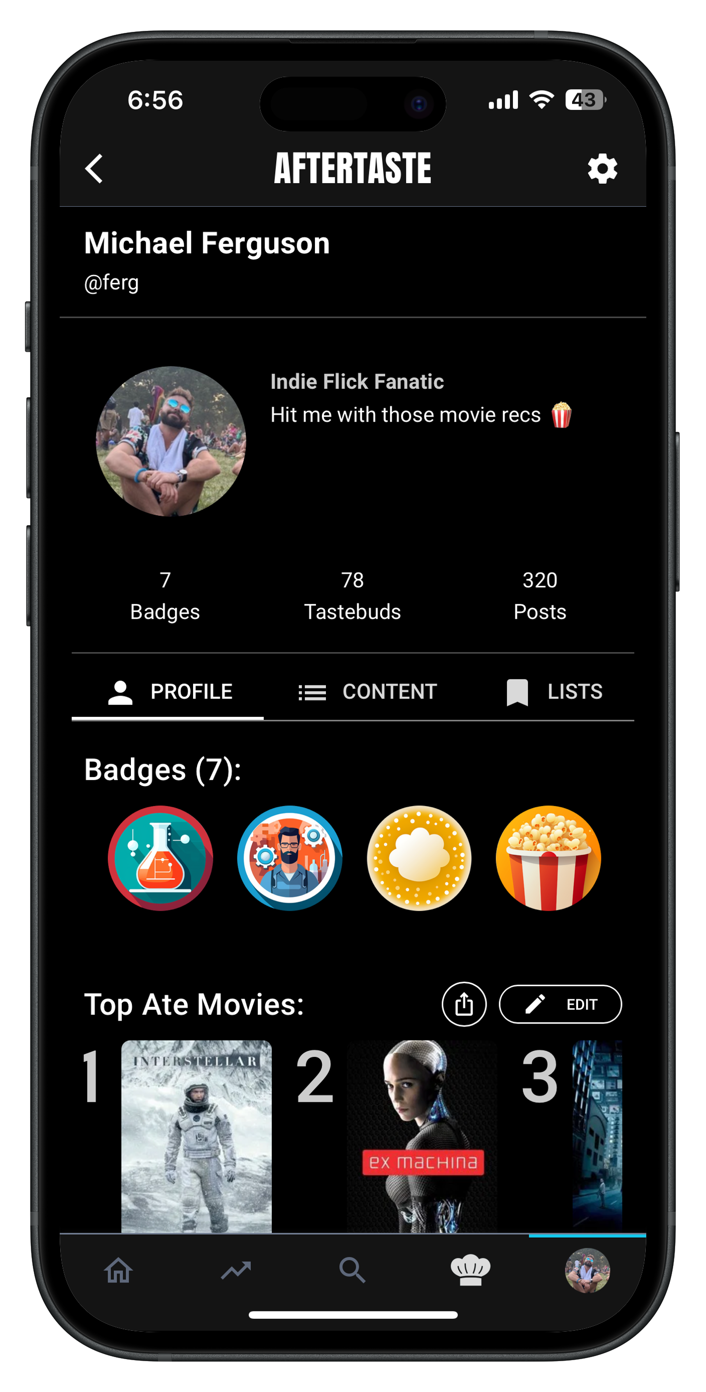 Customizable user profile with top movies and achievement badges