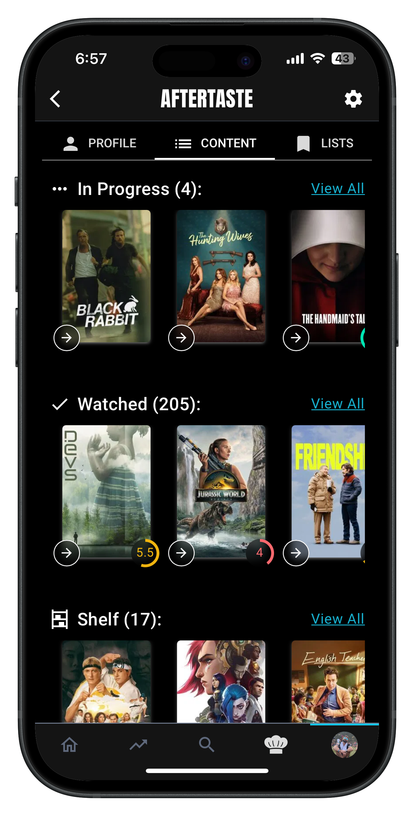 Content tracking screen showing in-progress TV shows and movies