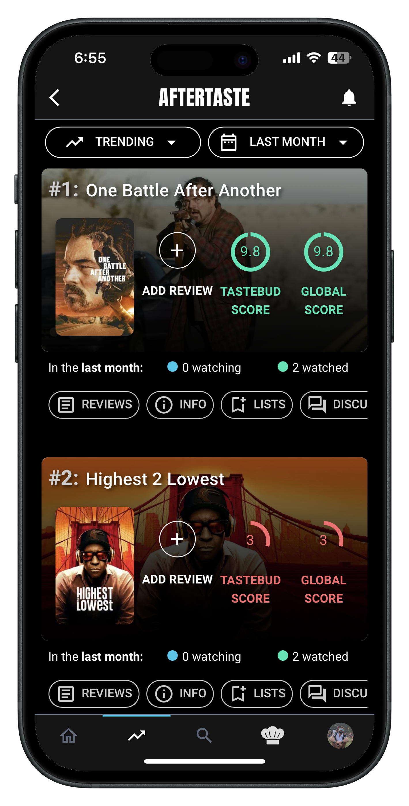 Trending movies and TV shows screen with time filters