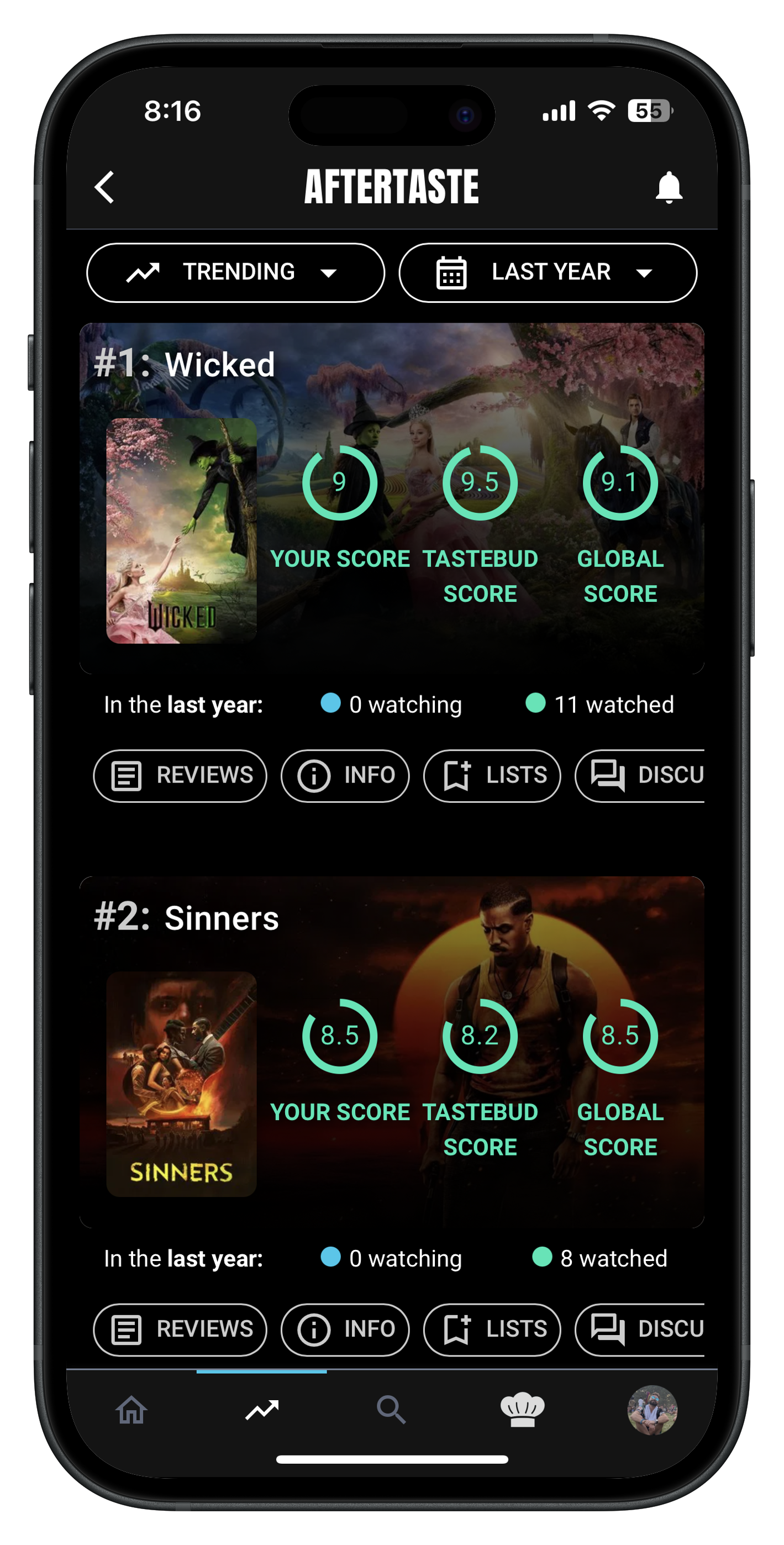 Aftertaste mobile app showing movie feed, tracking features, and personalized recommendations interface